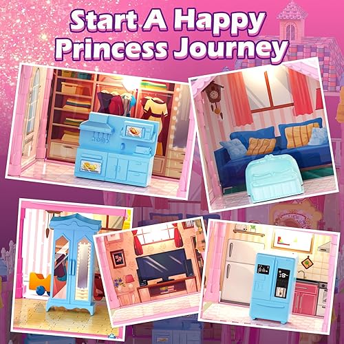 Miniatura 3 de Casa de muñecas de princesa para niñas, casa de muñecas de ensueño con coche de pista, muñecas, mascotas, luces, muebles y accesorios, casa de