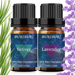 BURIBURI Pure Vetiver Essential Oil Bundles with Lavender Oil 10ml Organic Aromatherapy Oils 0.33fl.oz for Diffuser Humidifier