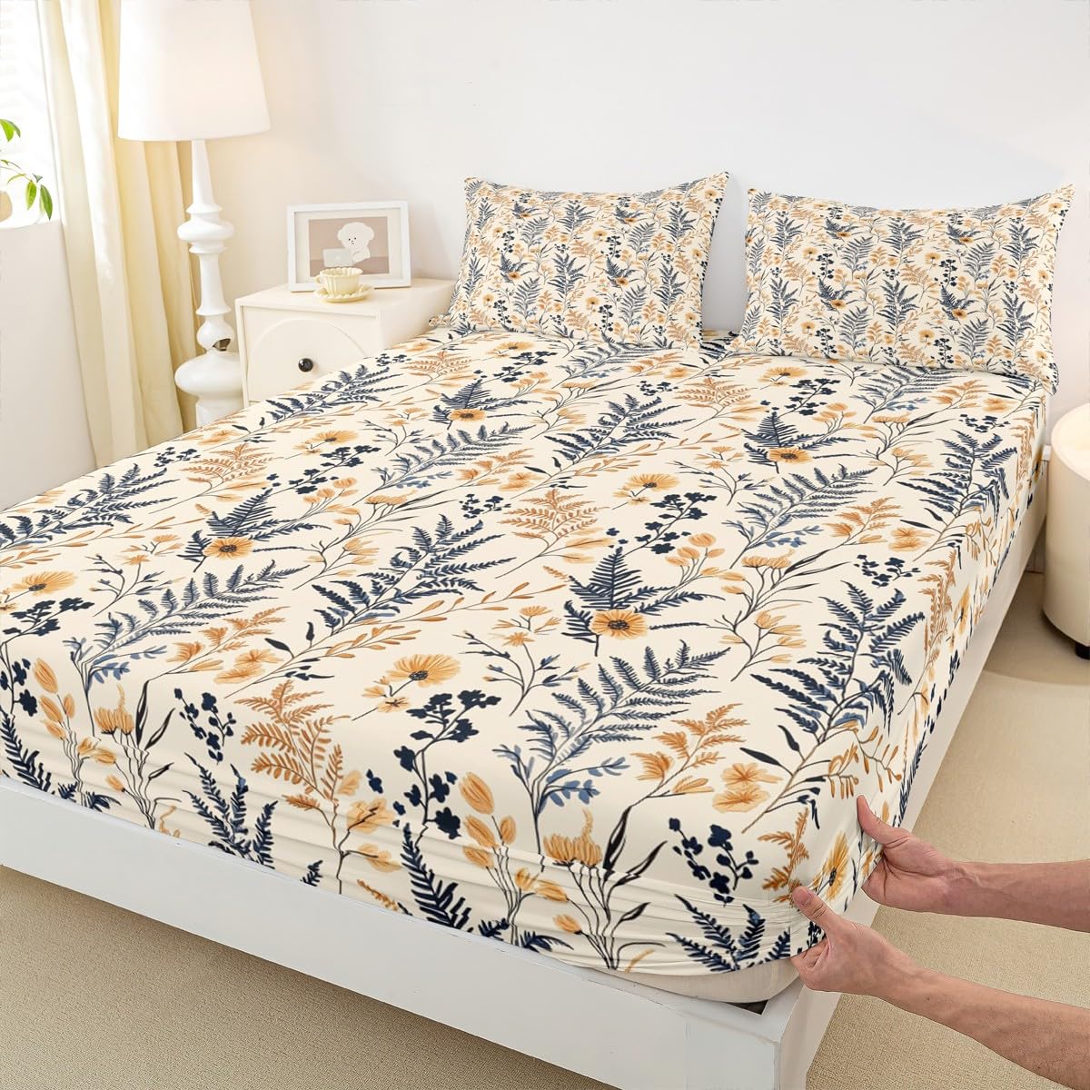 Homewish Juego de ropa de cama floral bohemio tamaño King, sábana bajera ajustable con diseño bohemio para niños, adolescentes y niñas, funda de cama rústica de 3 piezas