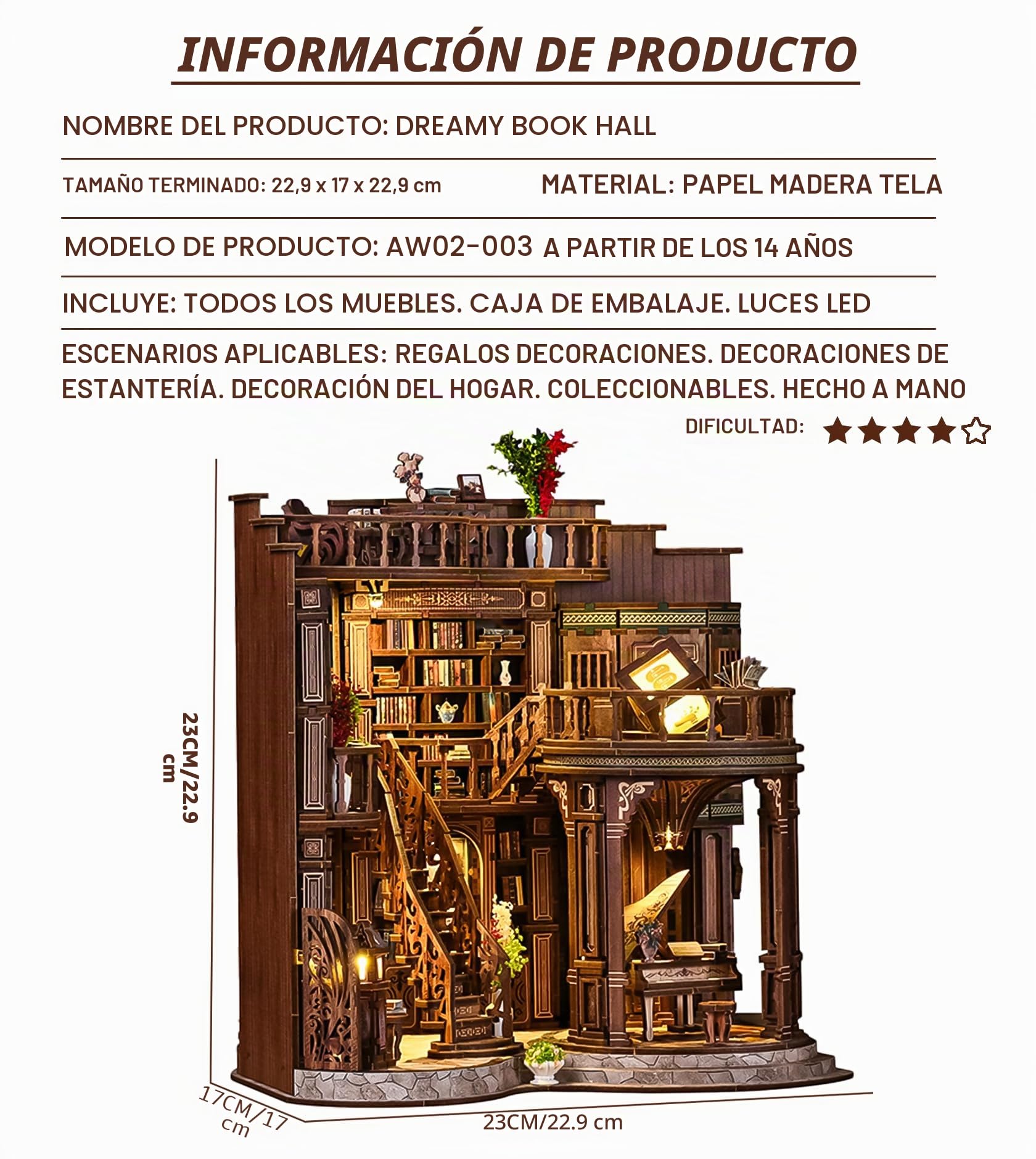 Spilay Book Nook, Dreamy Book Hall Maquetas Para Construir Adultos Luz LED, Puzzle 3D de Madera Creativo – Regalo Único para Amantes de los Libros (Navidad, Cumpleaños, San Valentín)