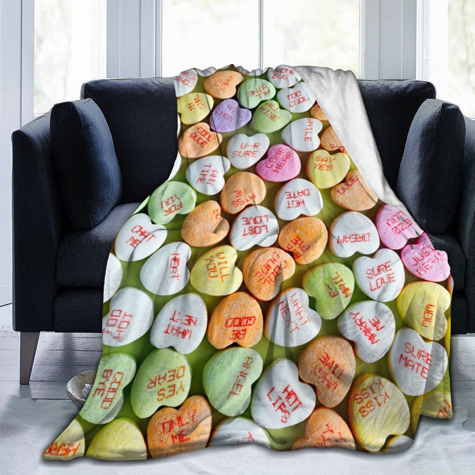 Lsjuee Colorful Conversation Heart Candies for Valentine's Day Throw Blanket Super Soft Cozy Plush Flannel Blanket Lightweight Bed Blanket for Sofa Couch Bed Romantic Valentine's Day Gift 80"X60"