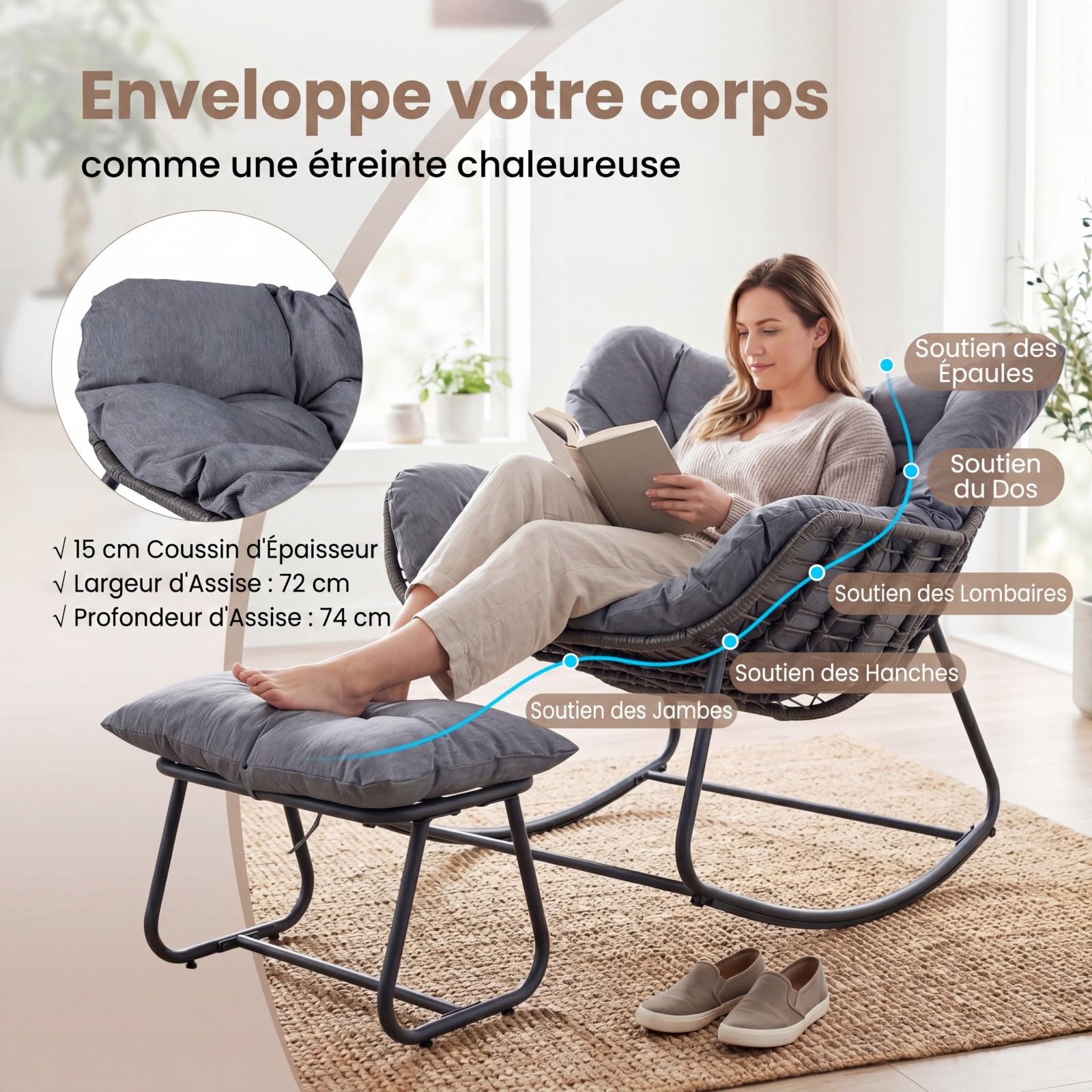 COSTWAY Fauteuil à Bascule Exterieur Interieur avec Repose-Pieds, Chaise de Jardin en Rotin PE & Métal, Coussin Épais Amovible, Fauteuil Œuf pour Balcon Terrasse Jardin Salon, Charge 150+75 kg (Gris)