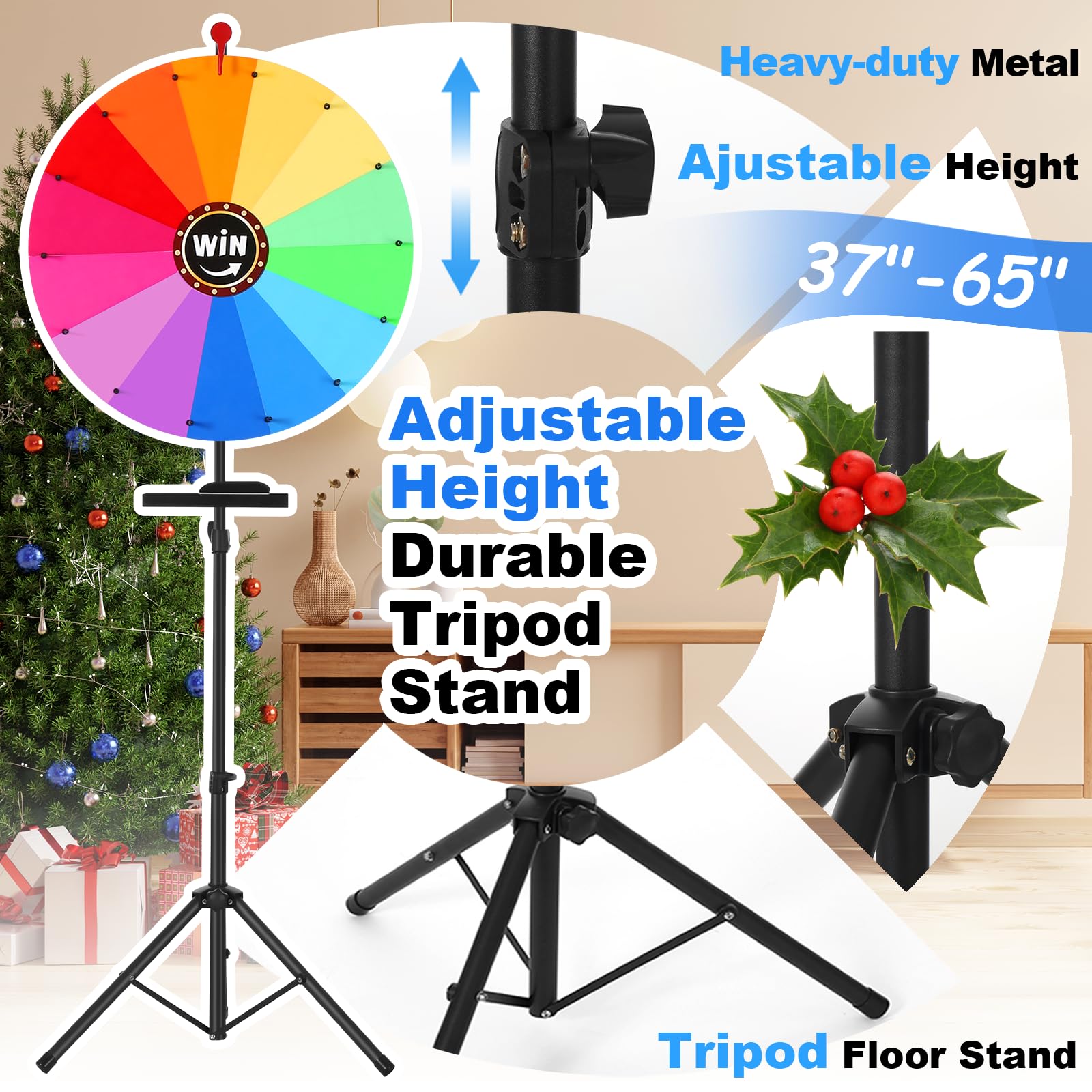AugFir 61 cm drehendes Preisrad, verstellbar von 94 cm - 165,1 cm Höhe, speicherbares Preisrad-Spinner mit Ständer, Glücksrad, Drehrad für Preise, 14 Slots