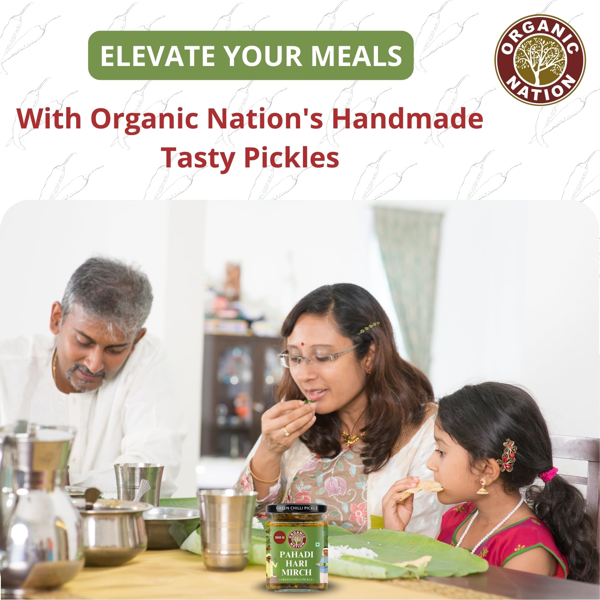 ORGANIC NATION Green Chilli Pickle, Pahadi Hari Mirch Achar Masala Flavors, Deliciously Spicy and Tangy, 250g Jar, Perfect for Enhancing Meals, No Preservatives Vibrant Green Color 4