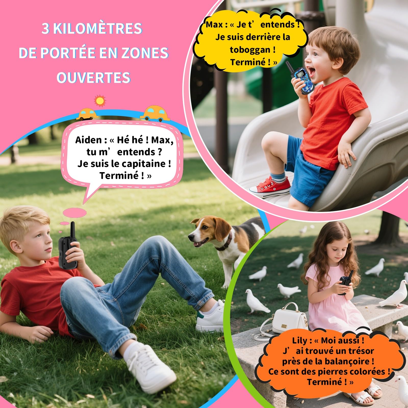Walkie-Talkies pour Enfants Rechargeables 8 Canaux Autonomie 48h Torche Portée 3KM Camping Jeux