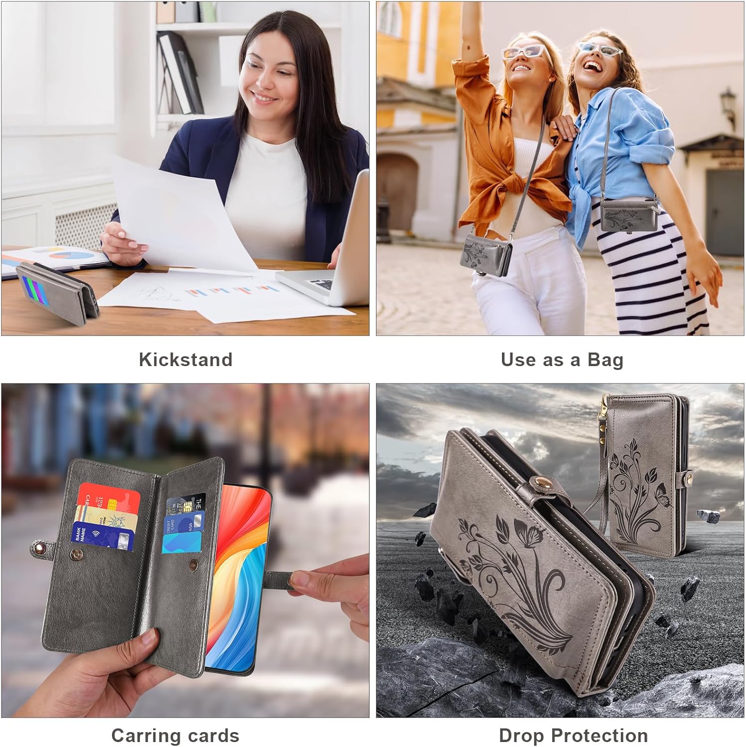 Lacass for iPhone 17 Case Wallet,[Cards Theft Scan Protection] Card Holder Zipper Leather Flip Cover Crossbody Wrist Strap with Stand (Floral Gray)