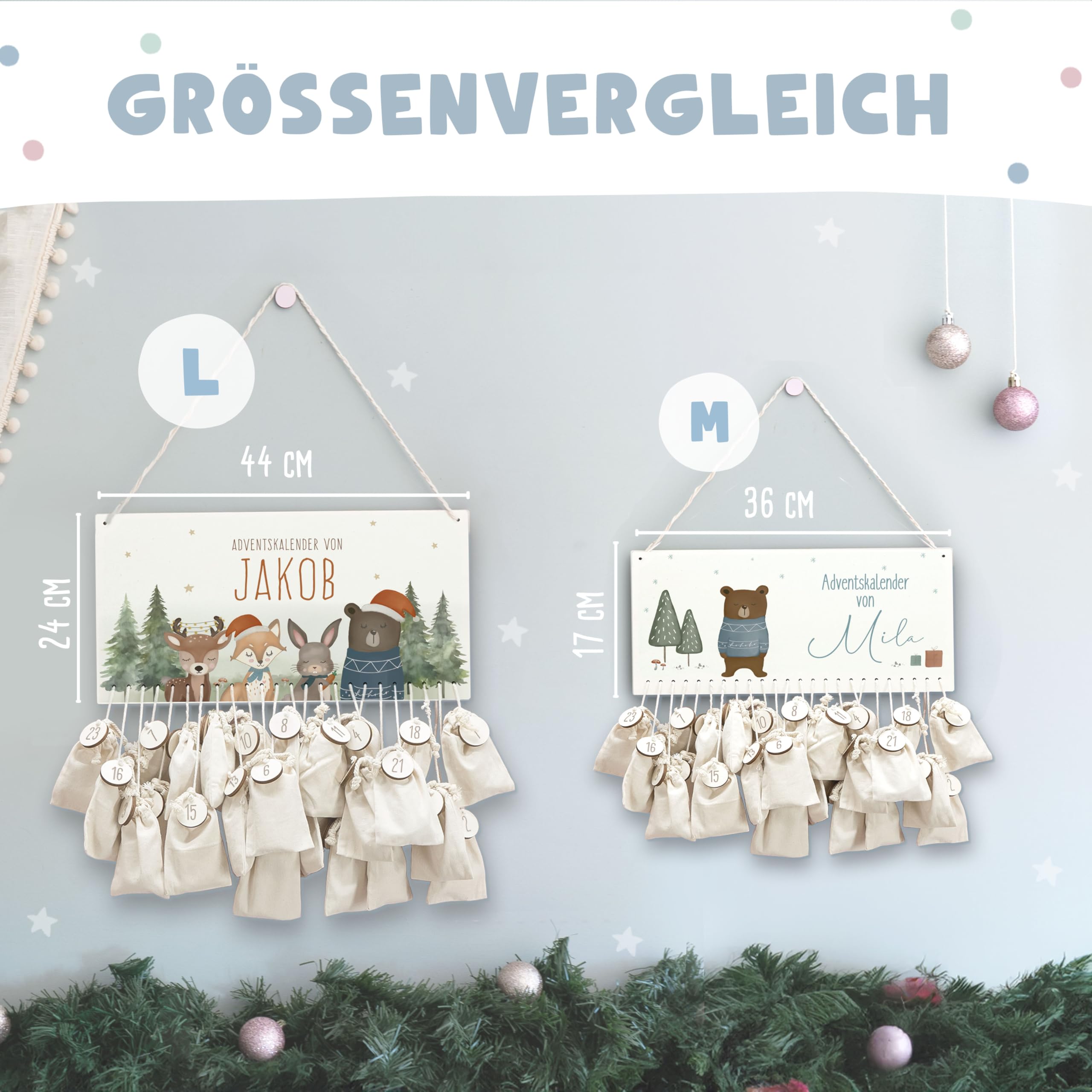Adventskalender Personalisiert für Kinder | Advent Kalender zum befüllen aus Holz | Wandmontage Weihnachtskalender DIY mit Namen | hellomini (Dinowelt)