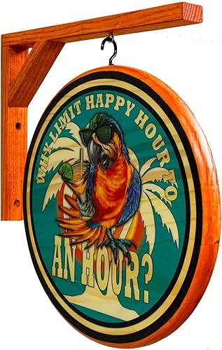 Letrero de pub de loro de la hora feliz, letrero de madera de 2 lados de 15 pulgadas de diámetro, incluye soporte de madera para colgar, solo