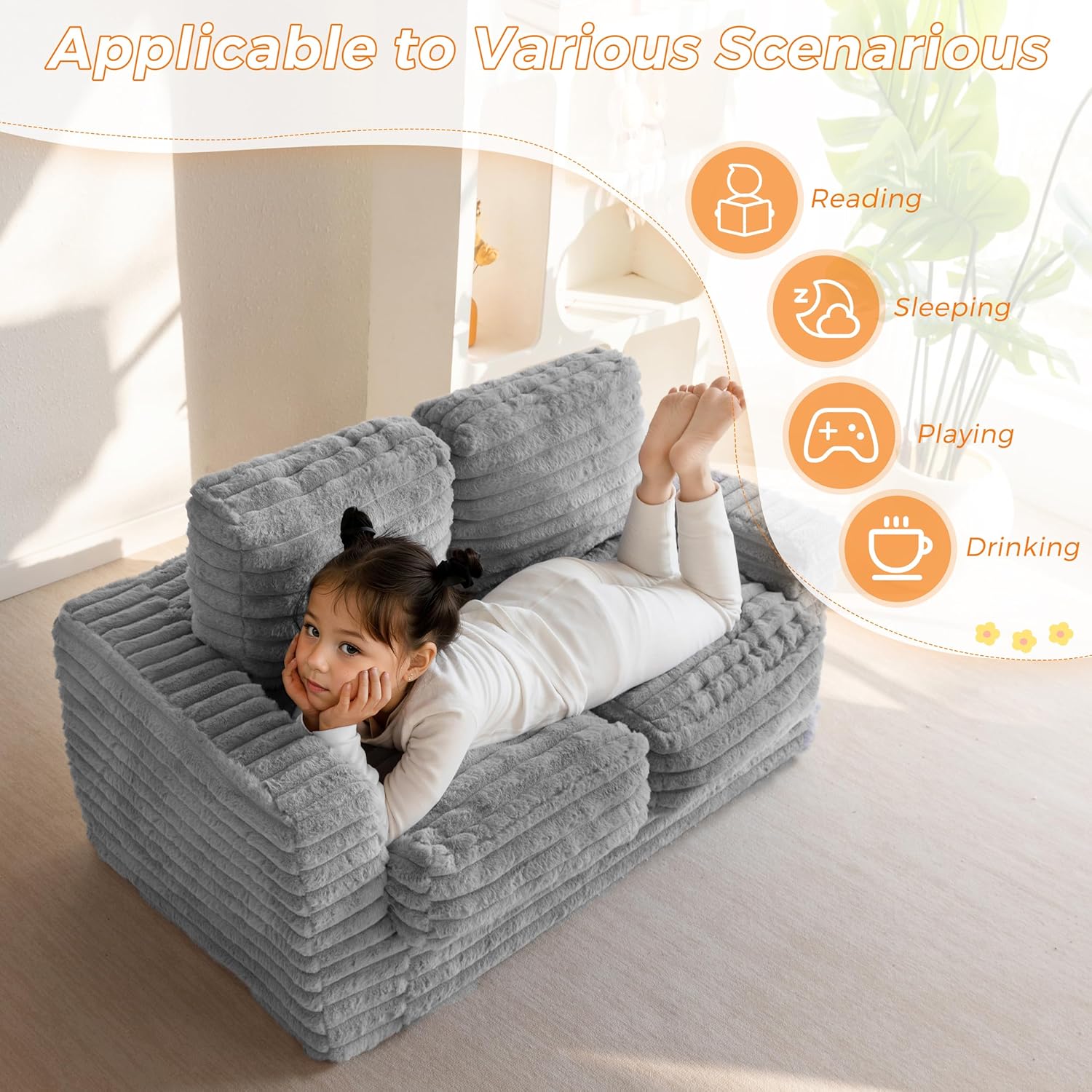 MAXYOYO Extra Wide Kids Bean Bag Chair, Comfy Faux Fur Bean Bag Sofa with Filler, Upholstered Floor Sofa with Pillows and Armrests, Lazy Floor Chair Couch for Boys and Girls, Grey - Image 6