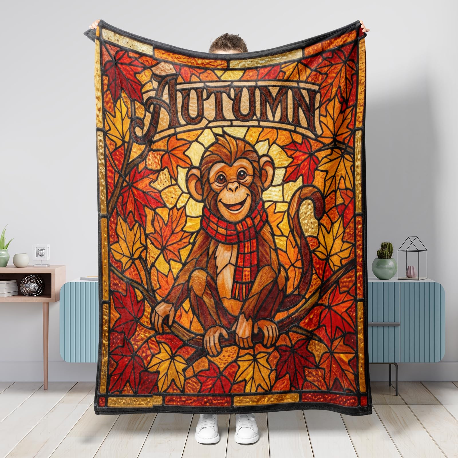 Couverture en flanelle chaude pour canapé et camping motif singe d'automne