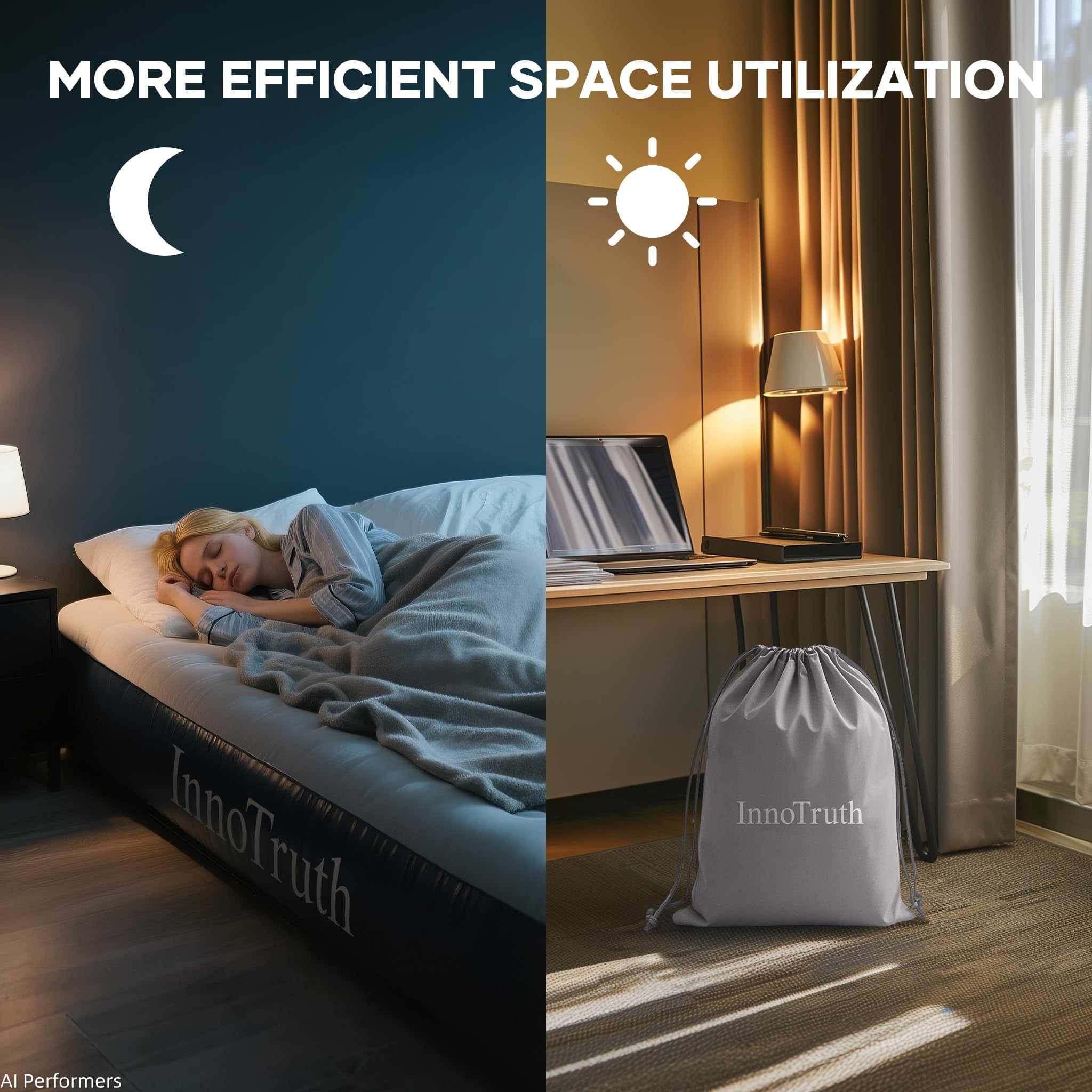 InnoTruth Materac dmuchany Queen z wbudowaną pompką, podwyższony komfort 33 cm, trwałe, nadmuchiwane łóżko dla domu i gości, łatwy montaż, idealny na podróż i kemping, ciemnoszary