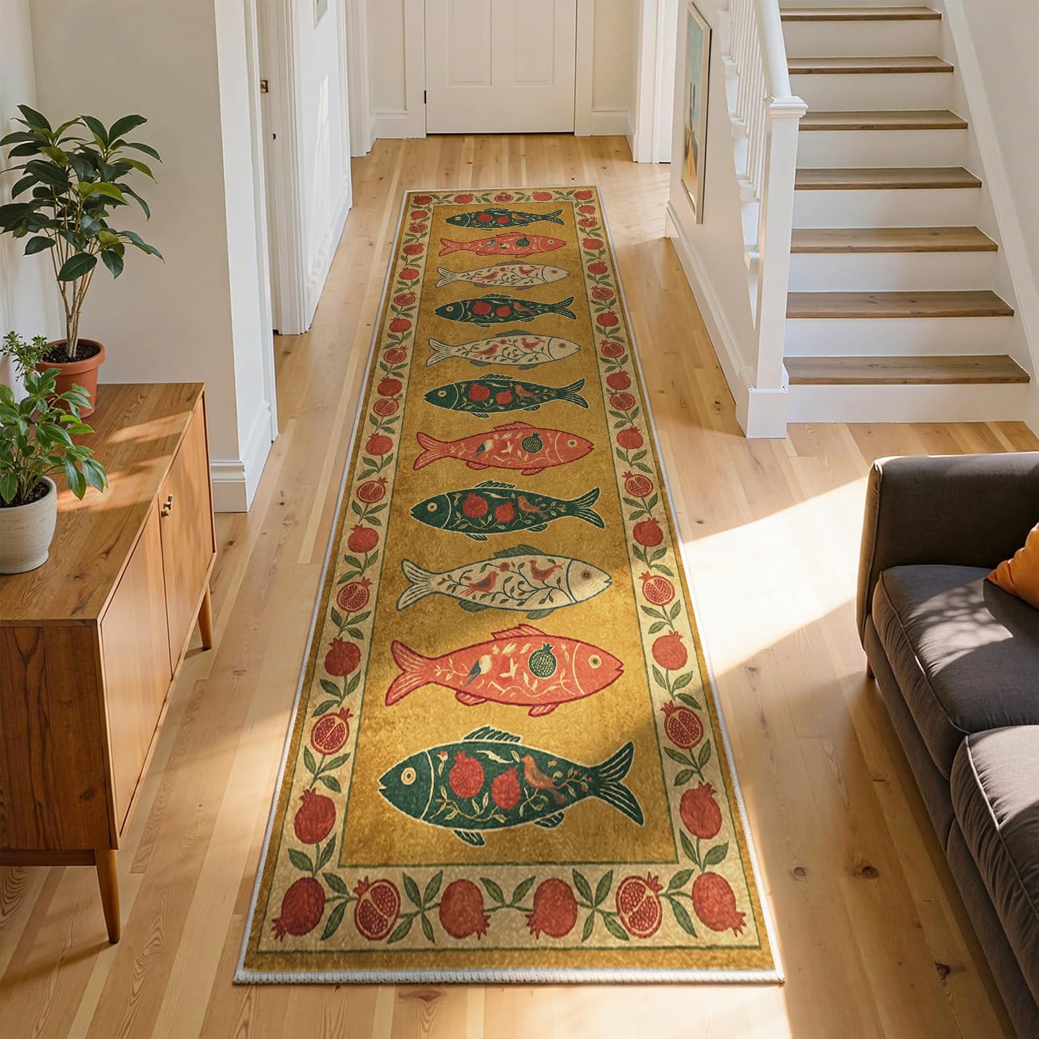 Washable Fish Carpet, 50x150cm Non-Slip Boho Coastal Fish Rug Runner