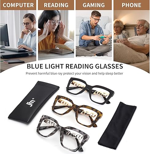 Miniatura 8 de JM Paquete de 3 lentes de lectura estilo Oprah para mujer, de gran tamaño, bloqueo de luz azul, lectores de computadora