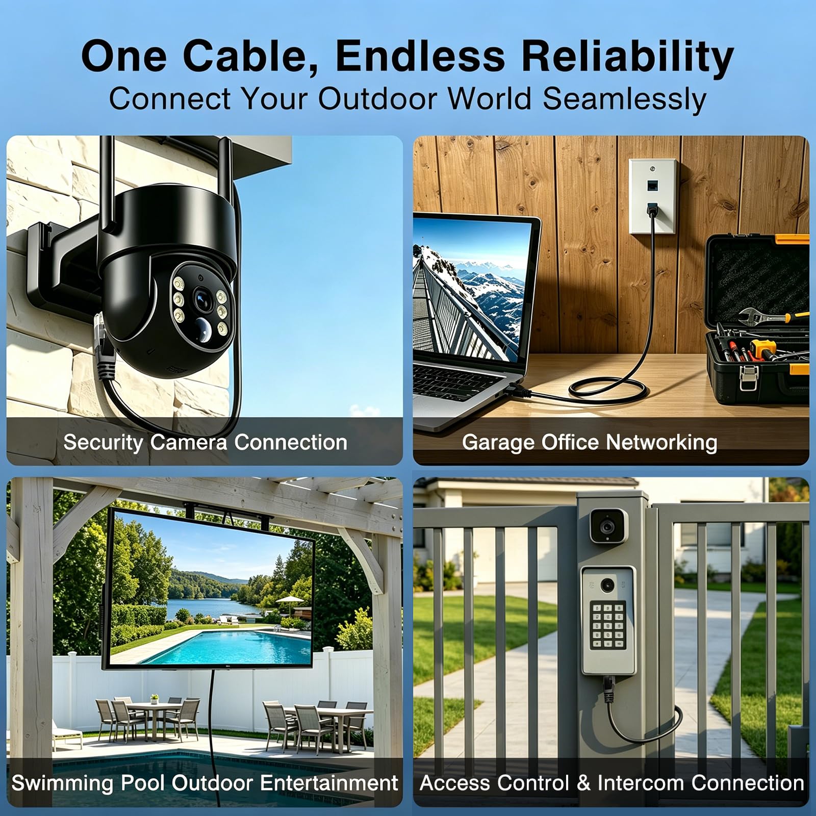 Ercielook Câble Ethernet d'extérieur Cat 6a de 91,4 m, câble réseau UTP CCA UTP à enfouissement direct LLDPE UV 10 Gbit/s, haute vitesse 24 AWG, pour caméras Poe, cours, routeurs, modems, noir