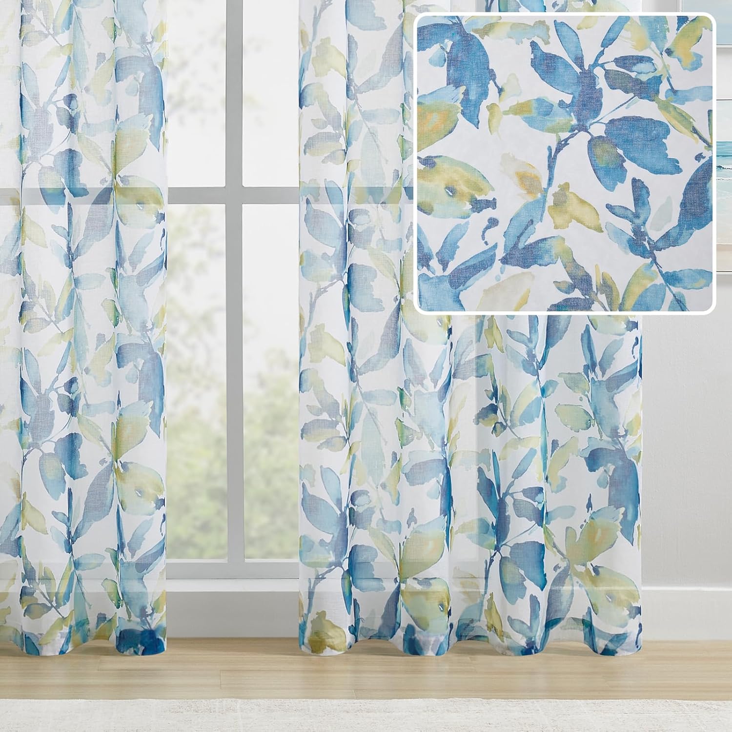 Farmhouse Sheer Curtains 84 Inches Long for Living Room,Boho Style Leaf Print Window Treatment Light Filtering Rod Pocket Curtain Drapes for Bedroom 2 Panels Set,50" W x 84" L,Blue Yellow