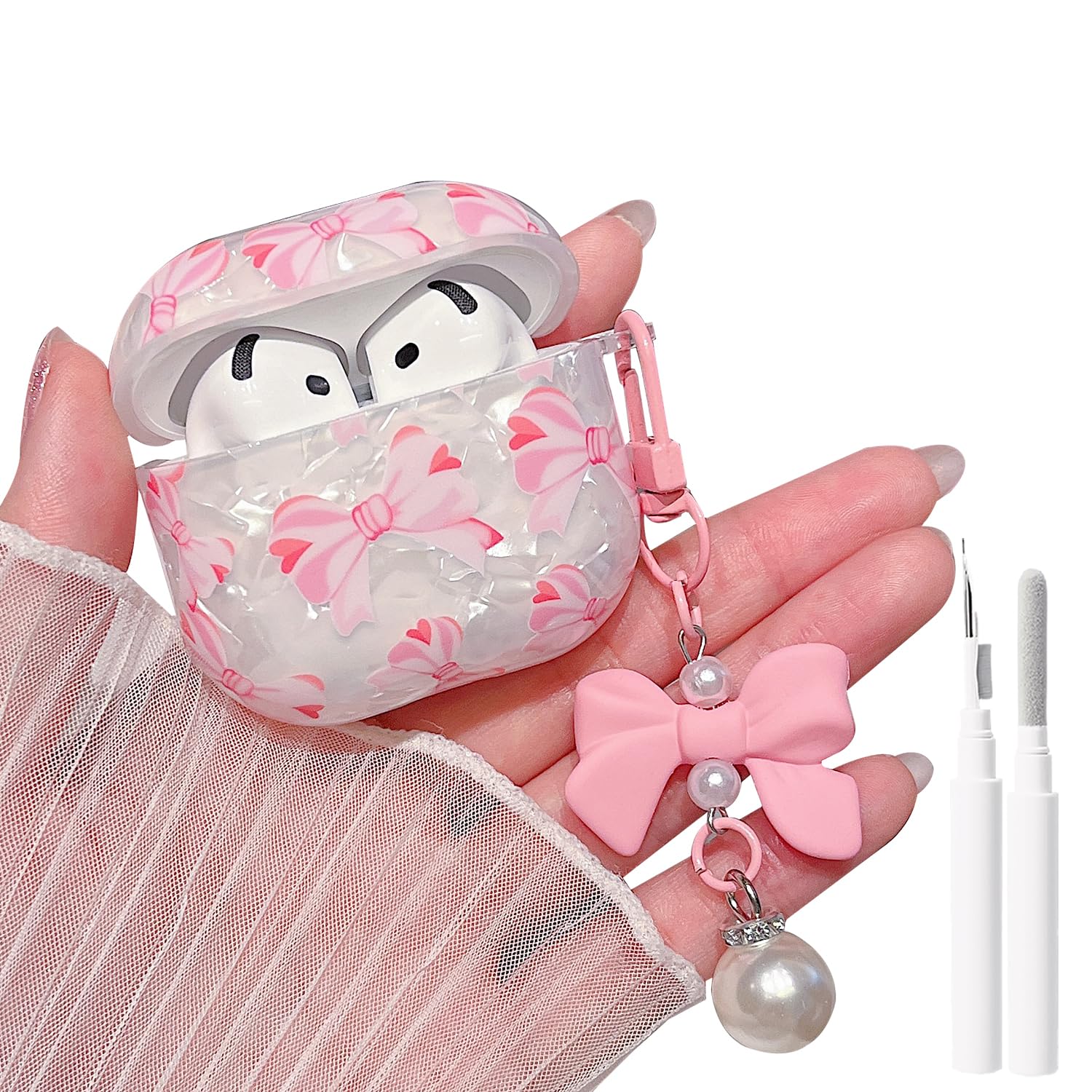 MINSCOSE for Cute Glitter AirPods 4 Case,Shell Pattern Pretty Bow Design with Trendy Floral Keychain,Soft TPU Protective Cover with Cleaner Kit for Girls Women for AirPods 4-Pink