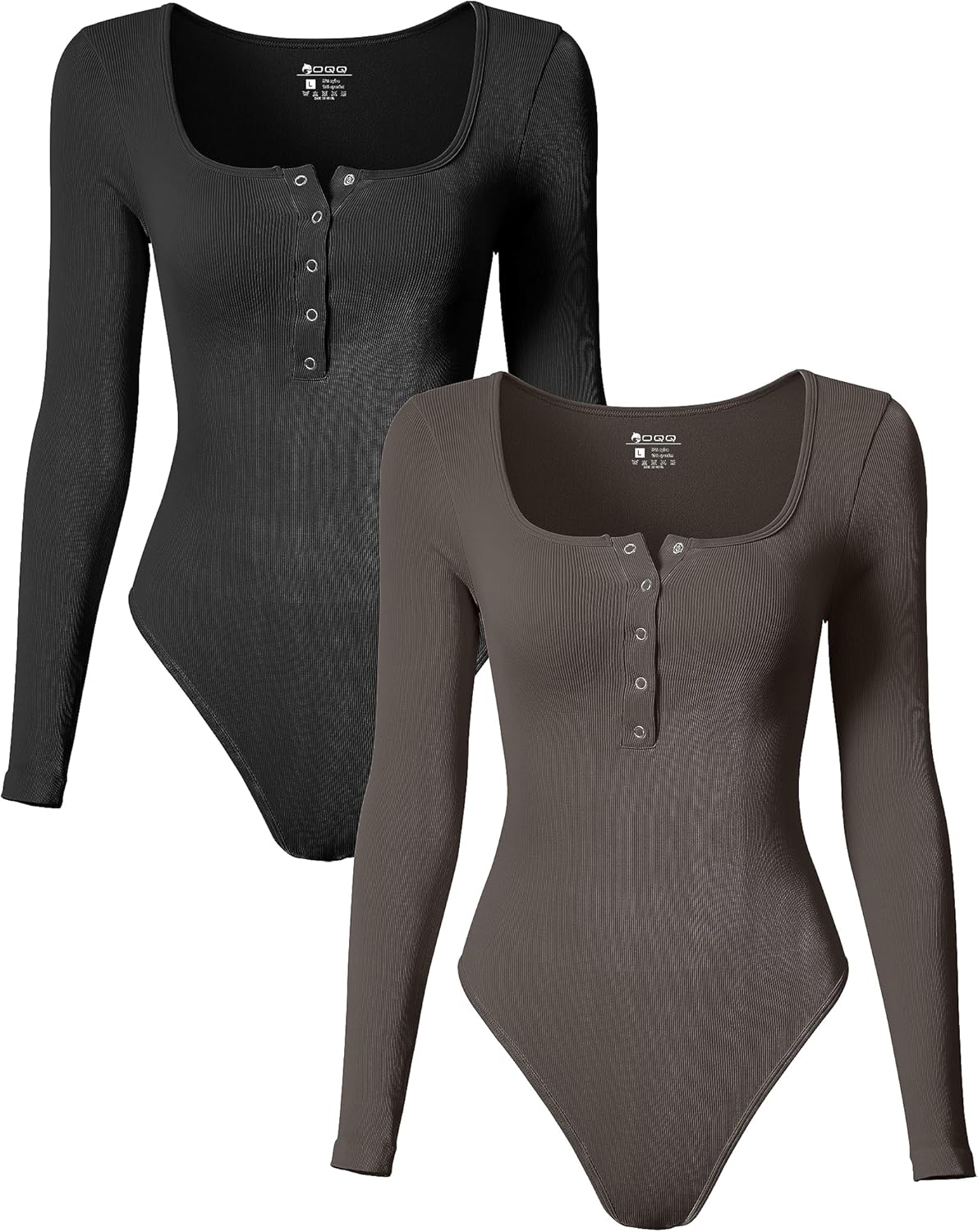 size: S OQQ Women's 2 Piece Bodysuits Sexy Ribbed One Piece Long Sleeve Button Square Neck Tops Bodysuits Black,tea Leaf Small