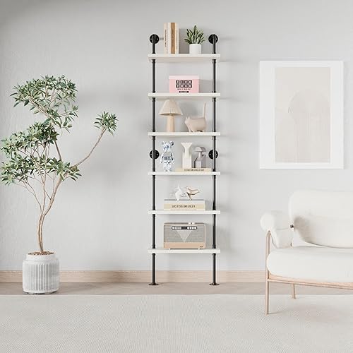 Miniatura 4 de Anynice Estantes industriales de tubería de escalera, estantería rústica de metal de madera montada en la pared para sala de estar (blanco, 6