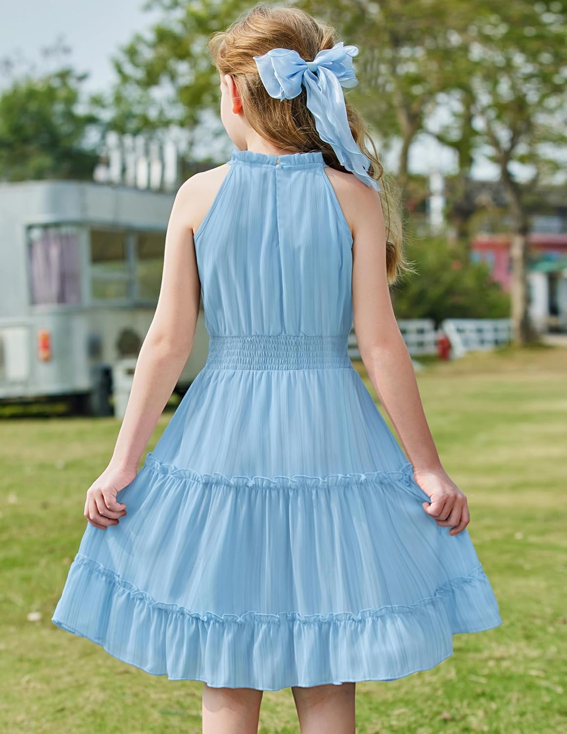 Arshiner Girls Halter Neck Sleeveless Dress Casual Flowy Smocked Cute Summer Dress for 5-12 Years - Image 3