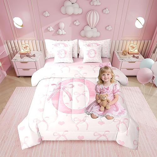 Erosebridal 7 Pcs Pink Butterfly Bowknot Bed Set Twin Size for Girls Geometric A