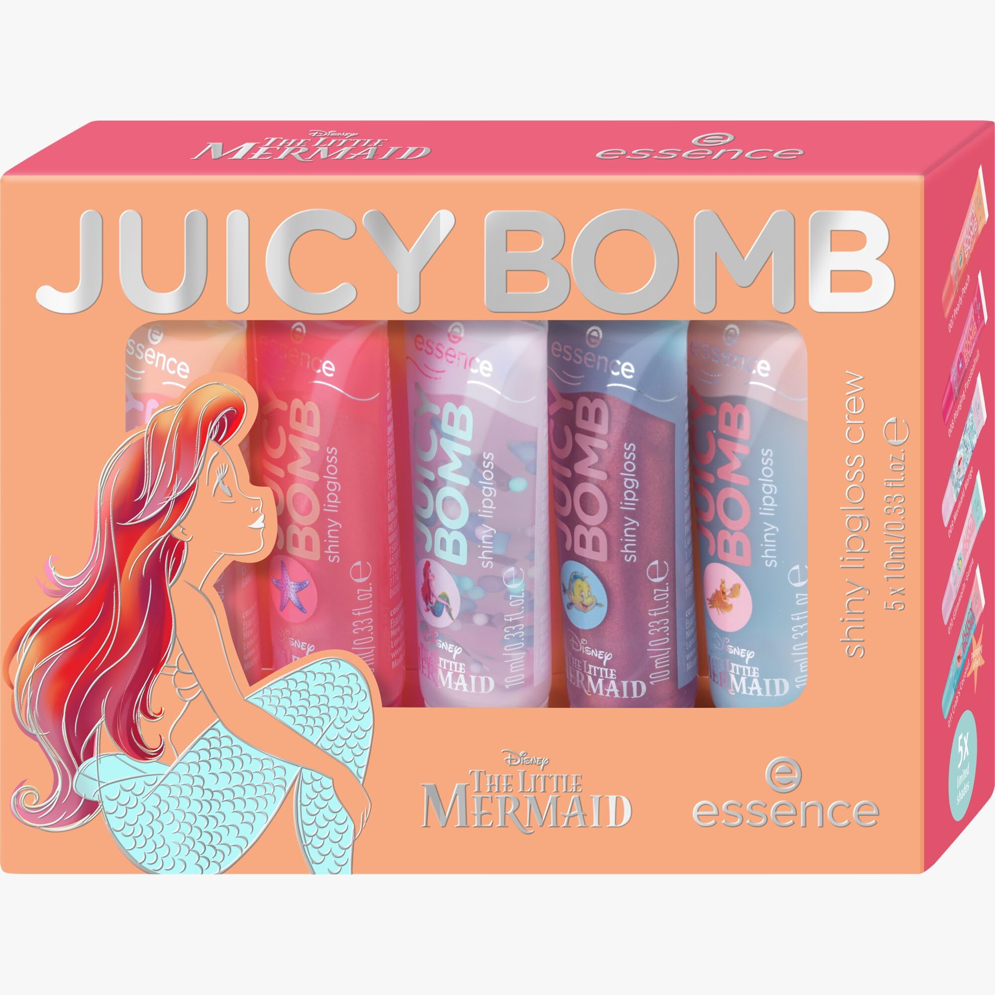 essence Disney THE LITTLE MERMAID JUICY BOMB shiny lipgloss crew, Mehrfarbig, Expressergebnis, glänzend, schimmernd, vegan, ohne Parabene, ohne Mikroplastikpartikel, Nanopartikel frei, 1er Pack (10ml) - 2