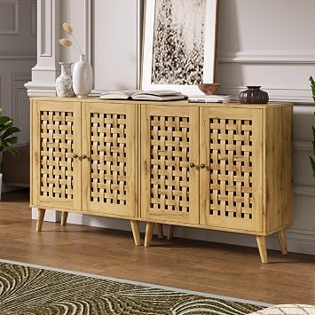FansaFurn Vintage 2-Door Storage Cabinet Set of 2, Basket Weave Wooden Doors, Kitchen Sideboard with Adjustable Shelves, Coffee Bar Cabinet for Living Room, Hallway, Entryway, Natural Wood Color