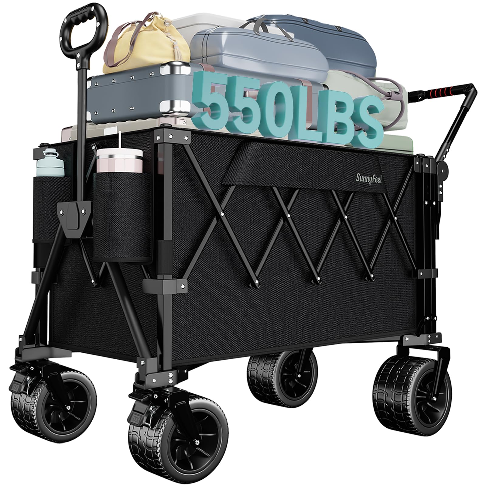 SUNNYFEEL Schiebe- und Ziehwagen, faltbar, 227 kg, mit Schiebegriff, Heckklappe für Camping, Garten, Sport, Einkaufen, Schwarz