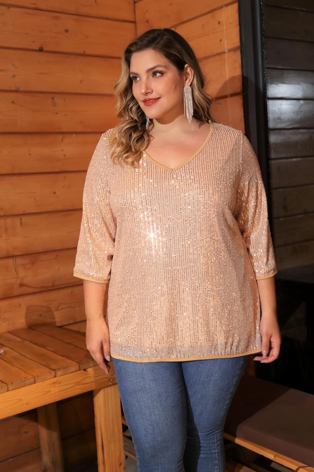 TIYOMI Plus Size Sequin Tops for Women 3/4 Sleeve Party Tunics XL-5XL - Image 4