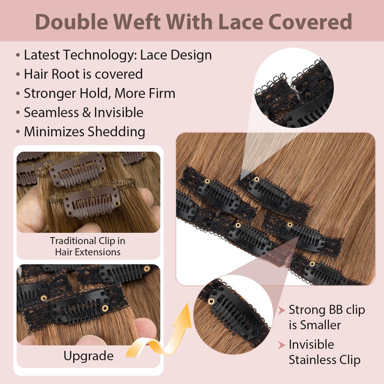Silk-co Clip in Hair Extensions Real Human Hair Extension Double Weft With Lace Coverd Clip in Silky Straight 100% Natural Very Thin Highlight efffect for Women 6PCS 6Clip 14Inch #06 Light Brown 36g - Image 2