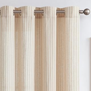 jinchan Linen Curtains for Living Room and Bedroom - Taupe Striped Ticking Pattern, Light Filtering Pinstripe Window Treatment, 2 Panels 84 Inches Long