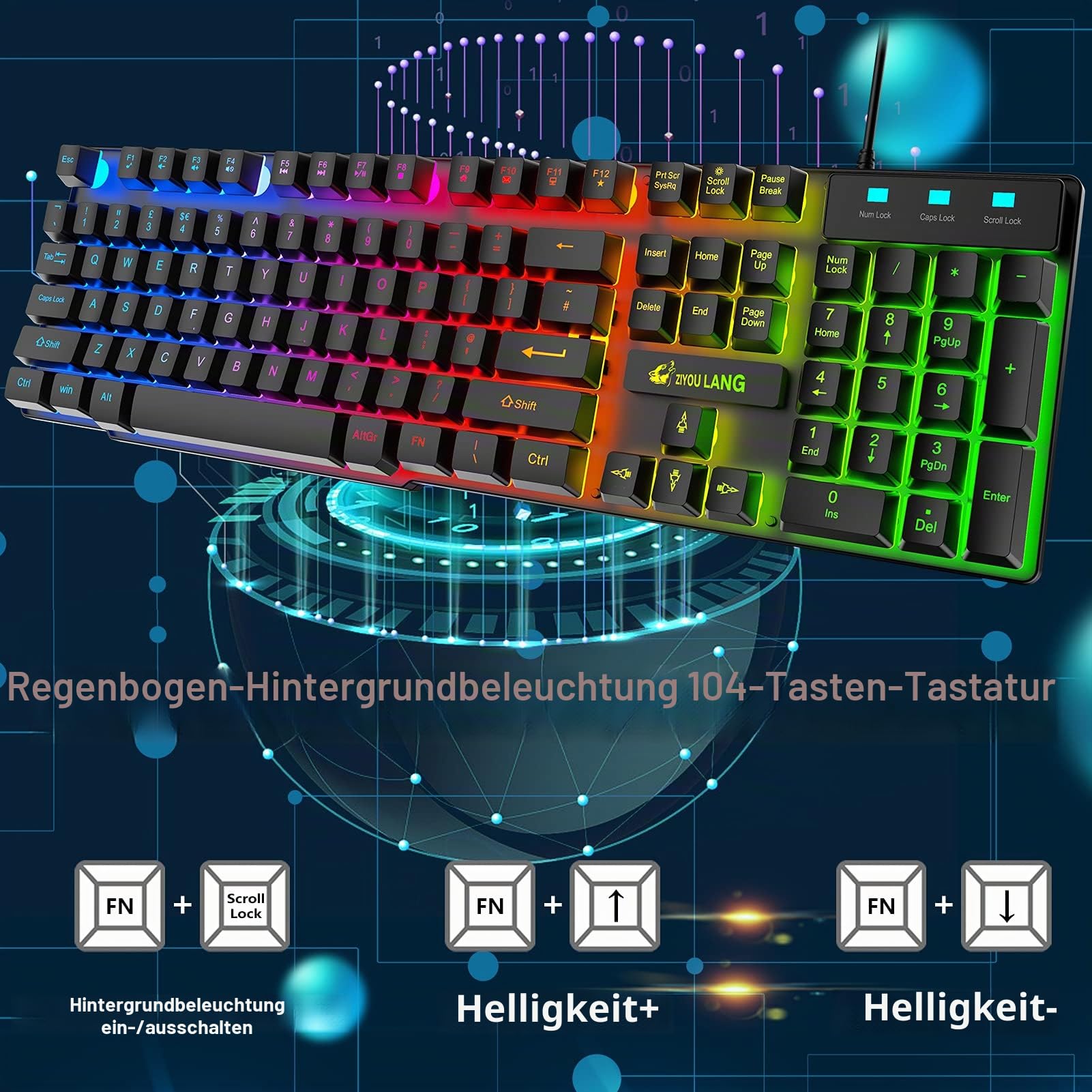 Gaming Tastatur Headset & Maus Set, 104 Tasten Rainbow Backlit UK Layout Tastatur 2400DPI Maus 7.1 Surround Sound RGB Leichte Waben Headset Mauspad Kombination für PS4 XBox(Need Adapter) Schwarz