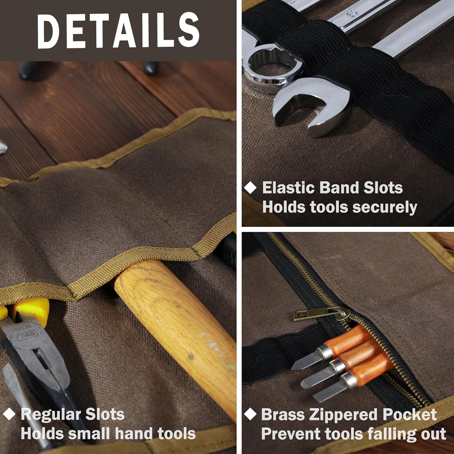 Canvas Tool Roll | Portable 12 Pocket Tool Storage Case, 16OZ Waxed Canvas Tool Wrench Roll Up Bag - with 10 Elastic Band Slots & 1 Smooth Zippered Pocket | Grey | 24.5"L x 11.5"W
