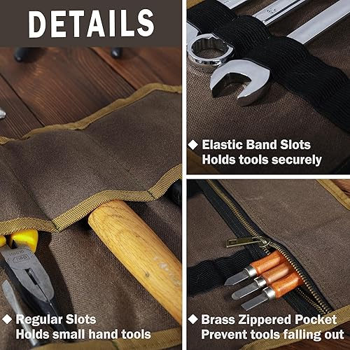 Miniatura 3 de Rollo de herramientas de lona  Estuche portátil de almacenamiento de herramientas de 12 bolsillos, bolsa enrollable de lona encerada de 16 onzas,