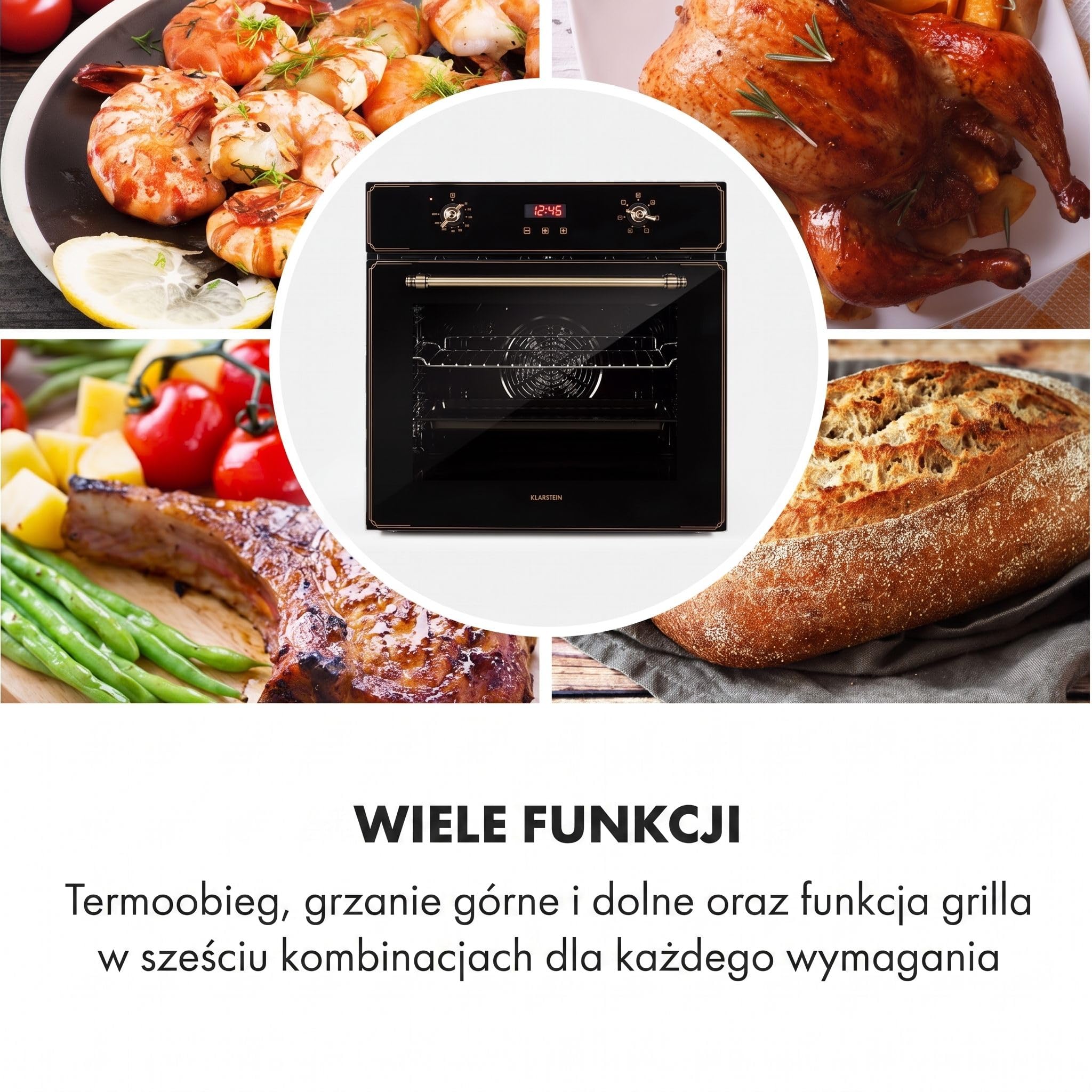 Klarstein Elizabeth - Elektryczny piekarnik do zabudowy, Design retro, 70L, Klasa energetyczna A, Termoobieg/grzanie górne/dolne/grill, 2200 W, 50-250 °C, Pokrętła w wyglądzie mosiądzu, czarny
