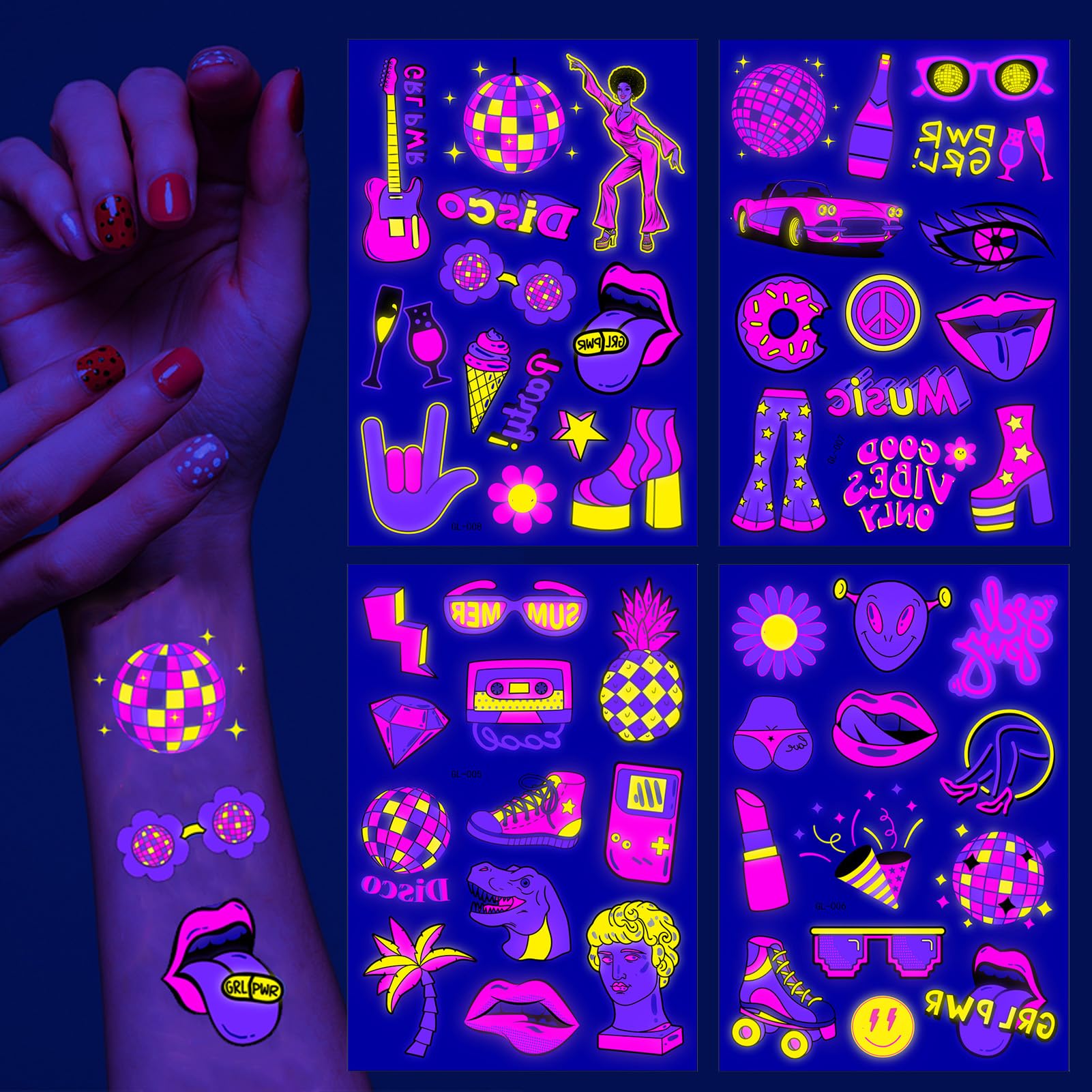 Qpout Brilla en la oscuridad Tatuajes temporales Rosa intenso Preppy Neón Luminosos Tatuajes Pegatinas Fluorescente Fiesta Tatuajes De La Cara Para Niñas Adulto Para Preppy Decoraciones