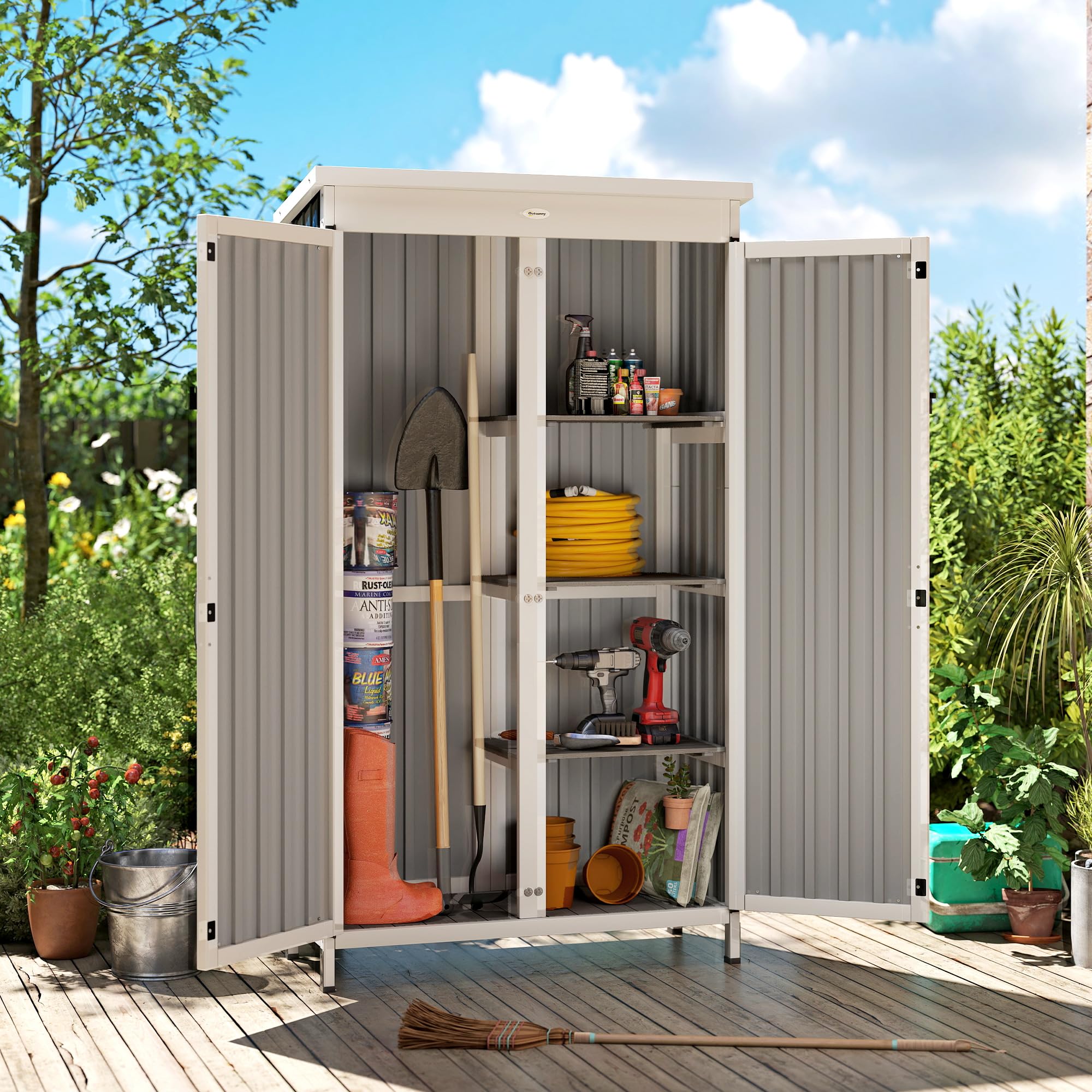 Outsunny Armoire de Jardin en Bois Acier Galvanisé Portes Doubles Noir | Fermeture Métallique, 3 Étagères Amovibles, Toit en Asphalte Imperméable, Base Élevée