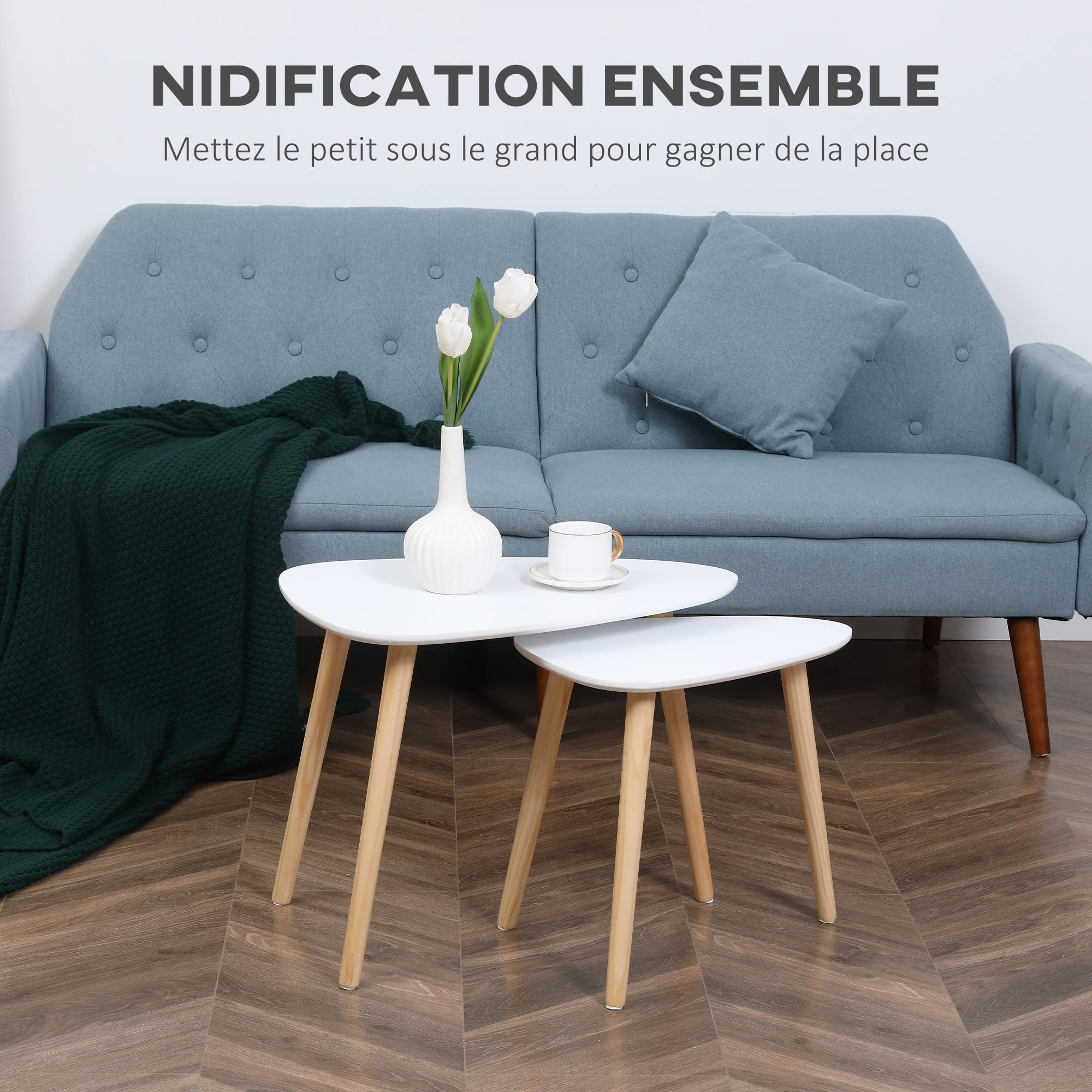 HOMCOM Lot de 2 Tables Basses gigognes Design scandinave Pieds en Bois et Plateau en Bois, Blanc