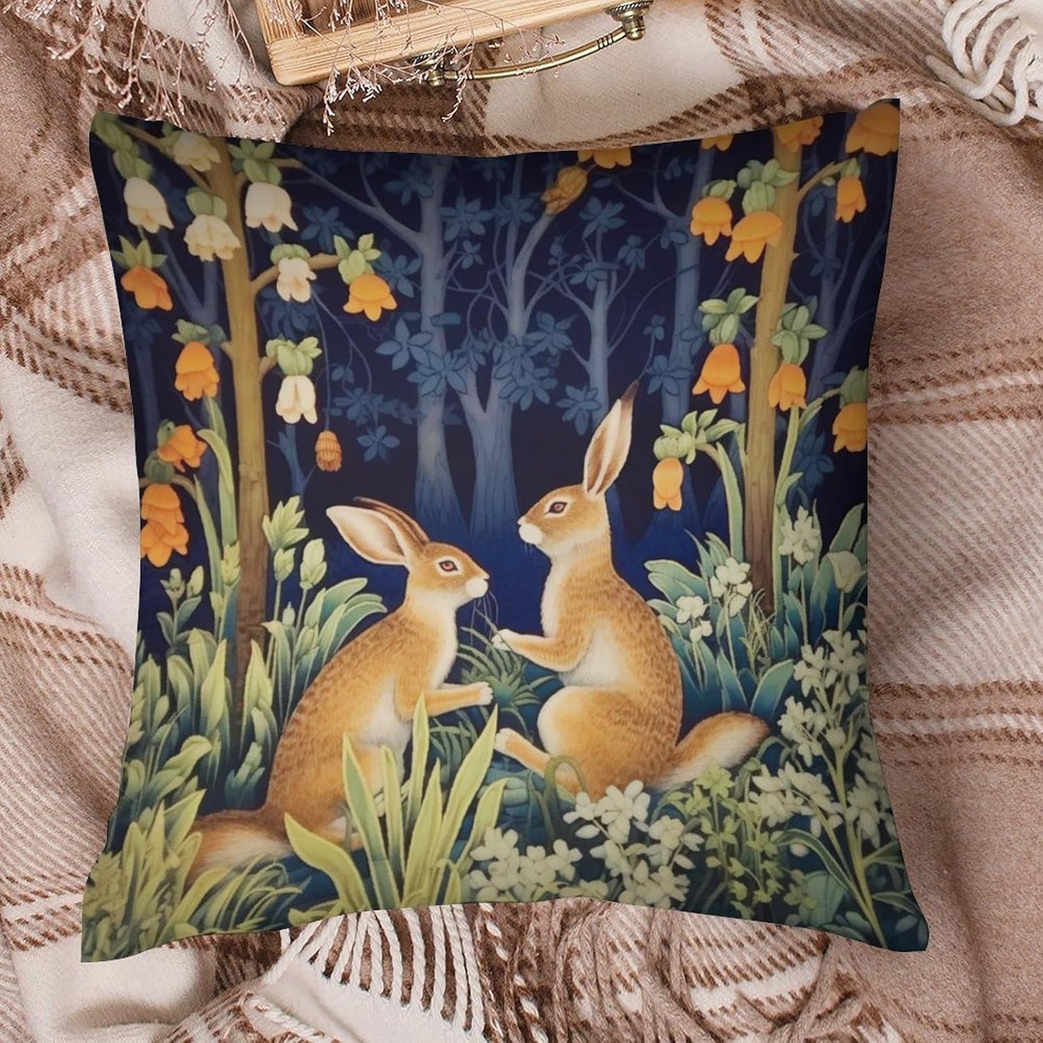 Forest Rabbit Floral Art Nouveau Decorative Pillow Covers 18x18 Inch 4 Pack, Chinoiserie Pillow Covers, Rustic Decorative Square Pillowcases for Chair Home Indoor Sofa Men Cave