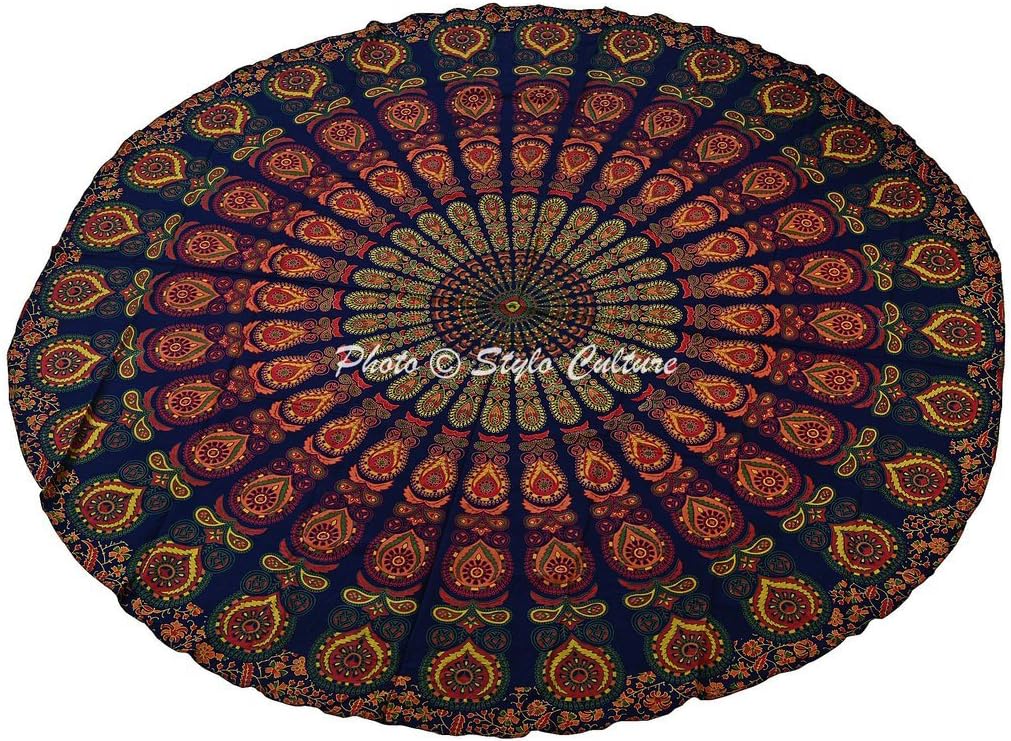 Indian Mandala Round Roundie Blue Printed Yoga Picnic Rug Meditation Beach Mat Tablecloth Cotton Peacock Eye 72 Inches Mandala Throw