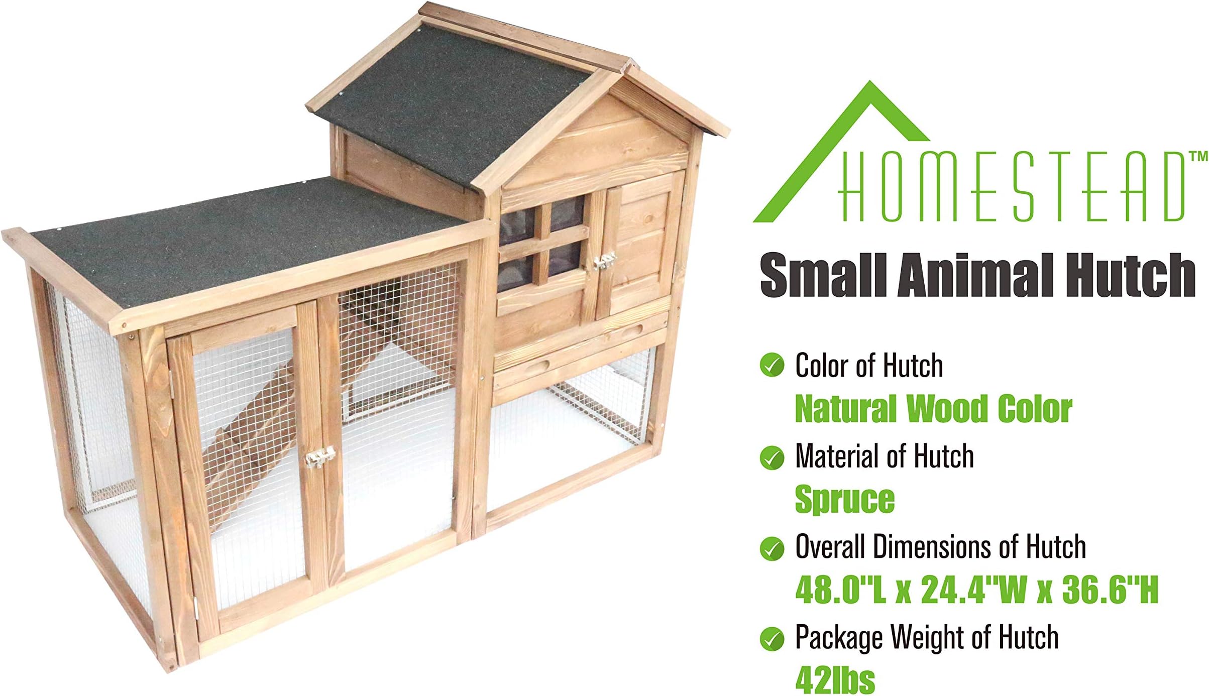 Homestead 86-438 Solid spruce wood Easy to assemble Small Animal Hutch with heavy-duty latches and an asphalt roof , assembled dimensions 48.0"X24.4"X36.6" ,Natural
