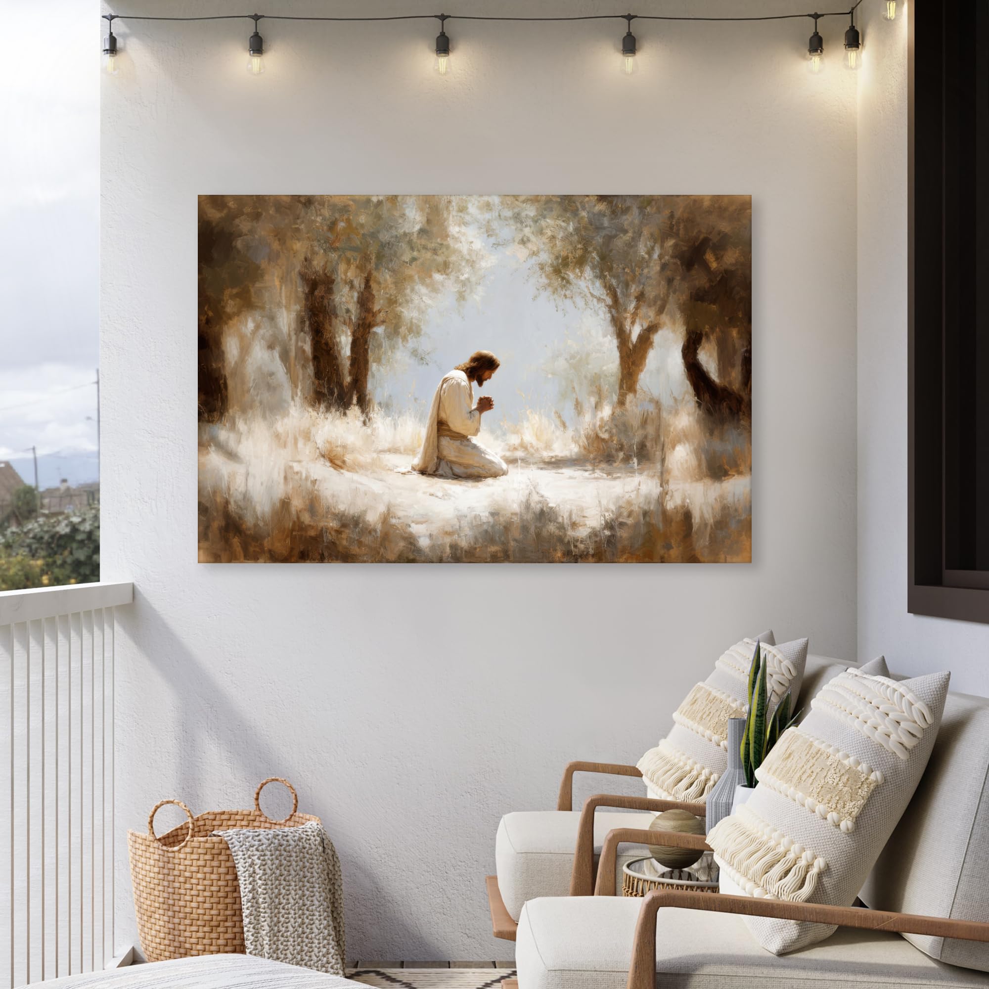 Gartenbilder 150x100 cm Wetterfeste Leinwand Outdoor Bild Terrasse Deko Balkon Wetterfest Gartenposter Foto Geschenk Draußen Jesus - Kniend - Waldlandschaft - Betend