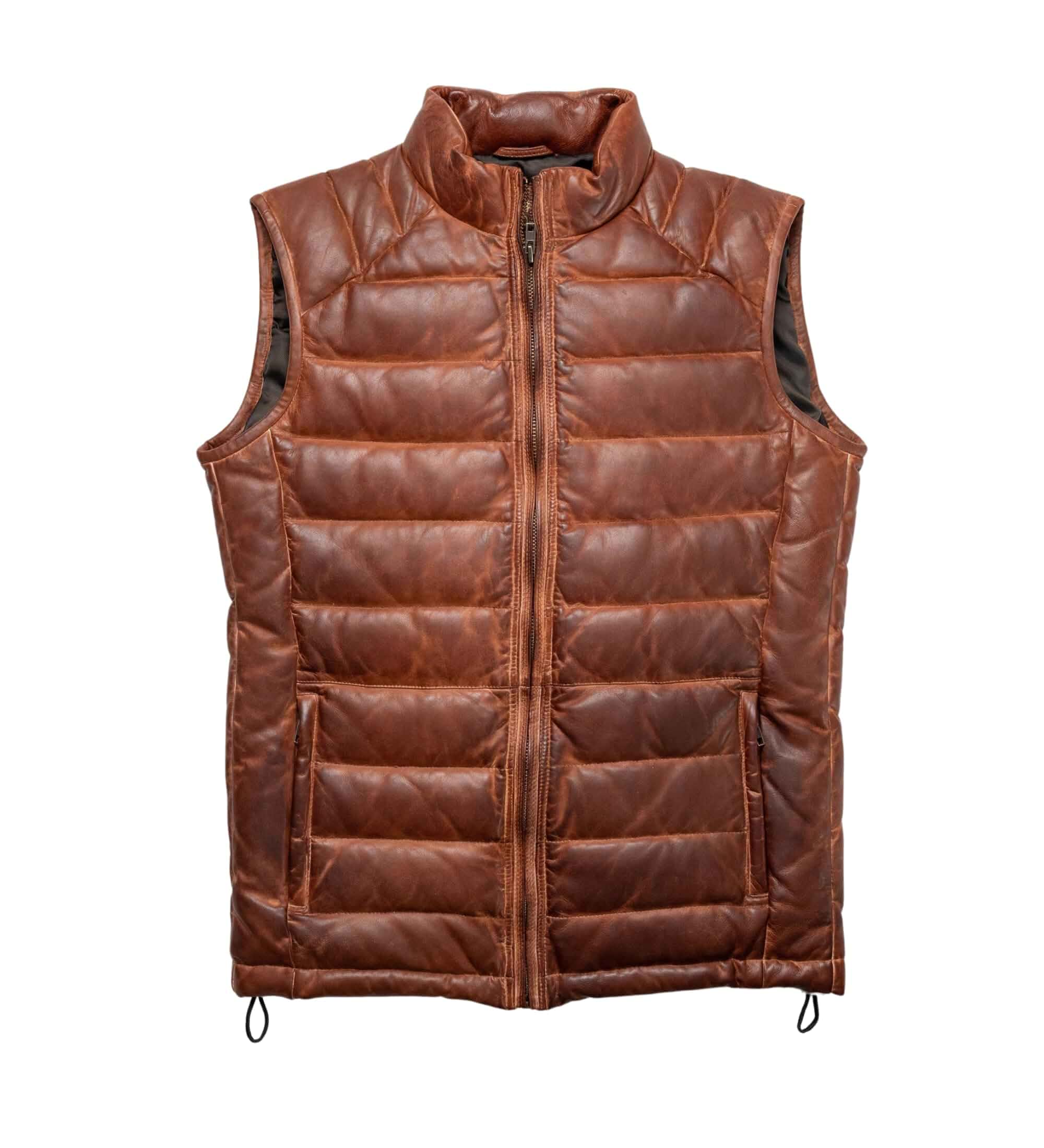 Puffer Vest Mens Real Lamb Leather Down Bubble Vest, Brown Distressed