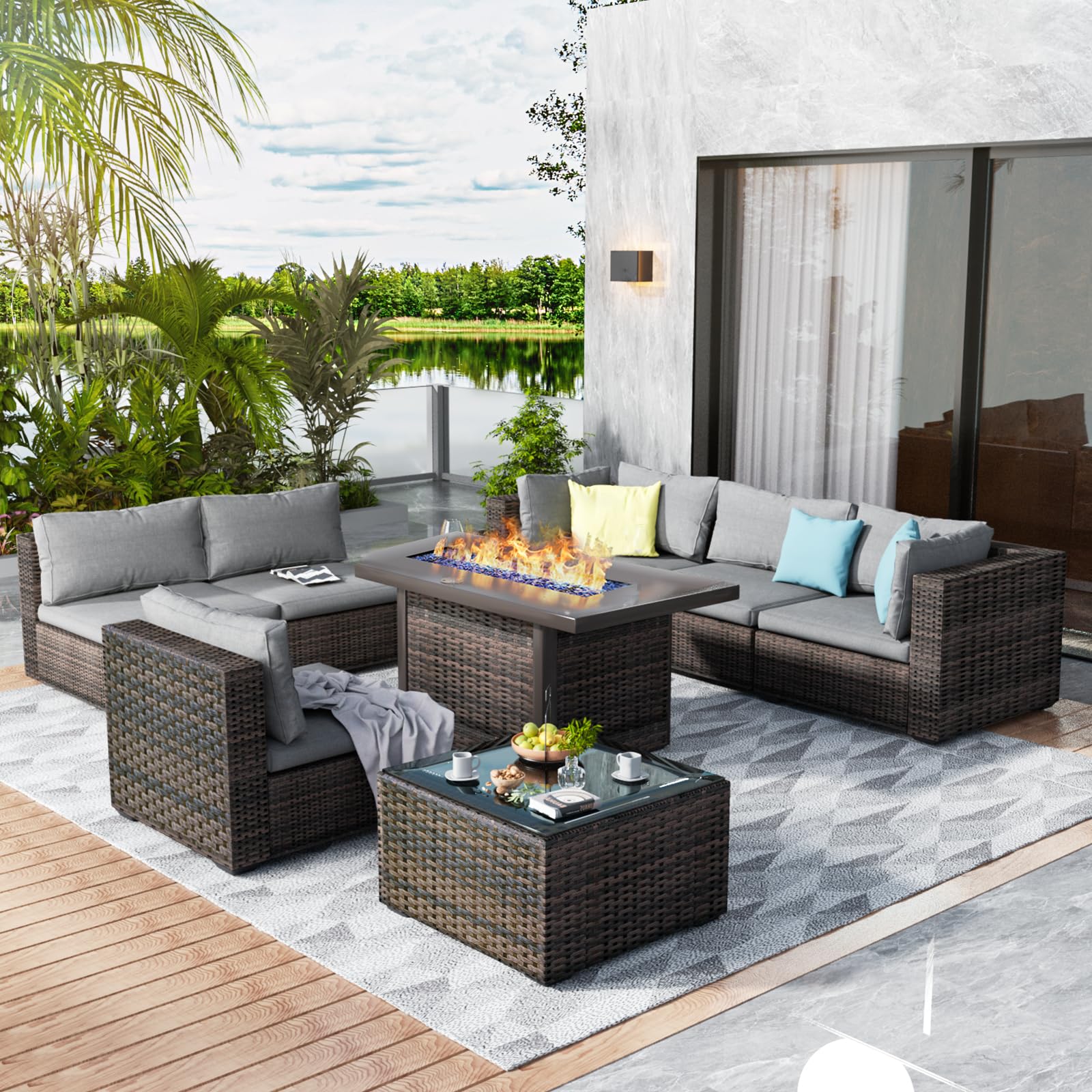 GREZJXC 8 Pieces Outdoor Sectional Patio Furniture Set with Fire Pit Table,PE Rattan Wicker Patio Sectional Conversation Set with Cushions and Glass