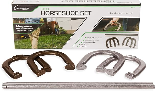 Champion Sports Horseshoe Set Traditional Outdoor Lawn Game includes Four Professional Solid Steel Horseshoes with Solid Steel Stakes & Carrying Storage Case