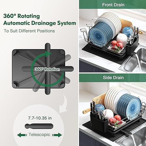 Miniatura 3 de Qienrrae - Juego de escurridor de platos y escurridor de platos de acero inoxidable con boquilla giratoria escurridor de platos para encimera de