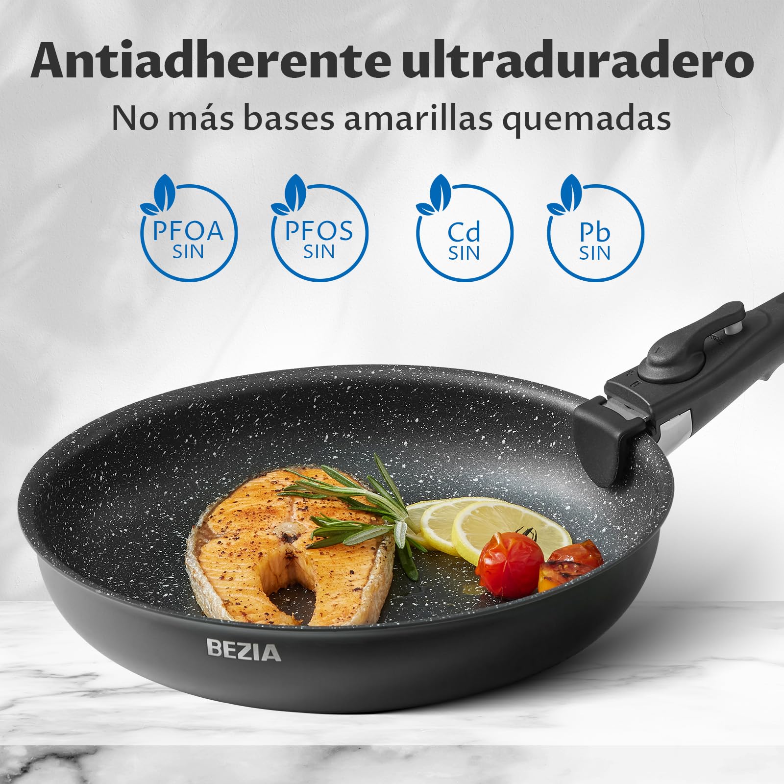 BEZIA Juego de Ollas y Sartenes 10 piezas, Batería de Cocina Antiadherente, Mango Desmontable, No Tóxico Sin PFOA, Apta para Inducción, Gas, Vitrocerámica y Horno, Apilable, Fácil de Limpiar
