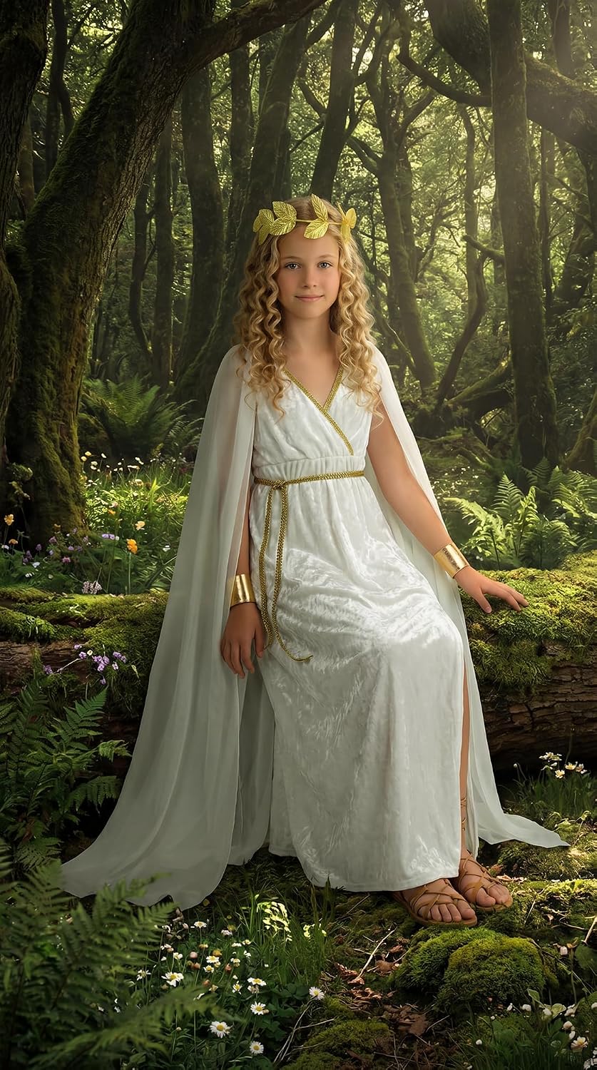 UQJE 6Pcs Kids Greek Toga Costume Set Halloween Cosplay Roman Goddess Grecian Outfit for Children