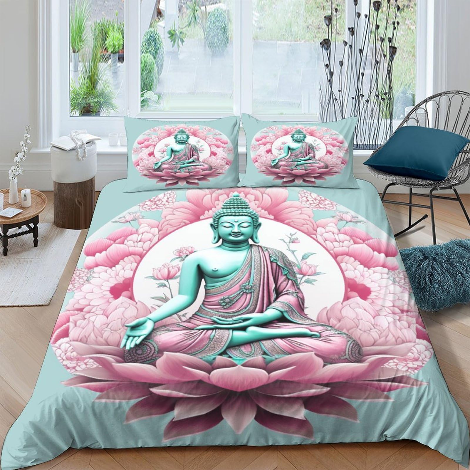 Parure de lit Bouddha 220x240 cm avec housse de couette et taies d'oreiller king size