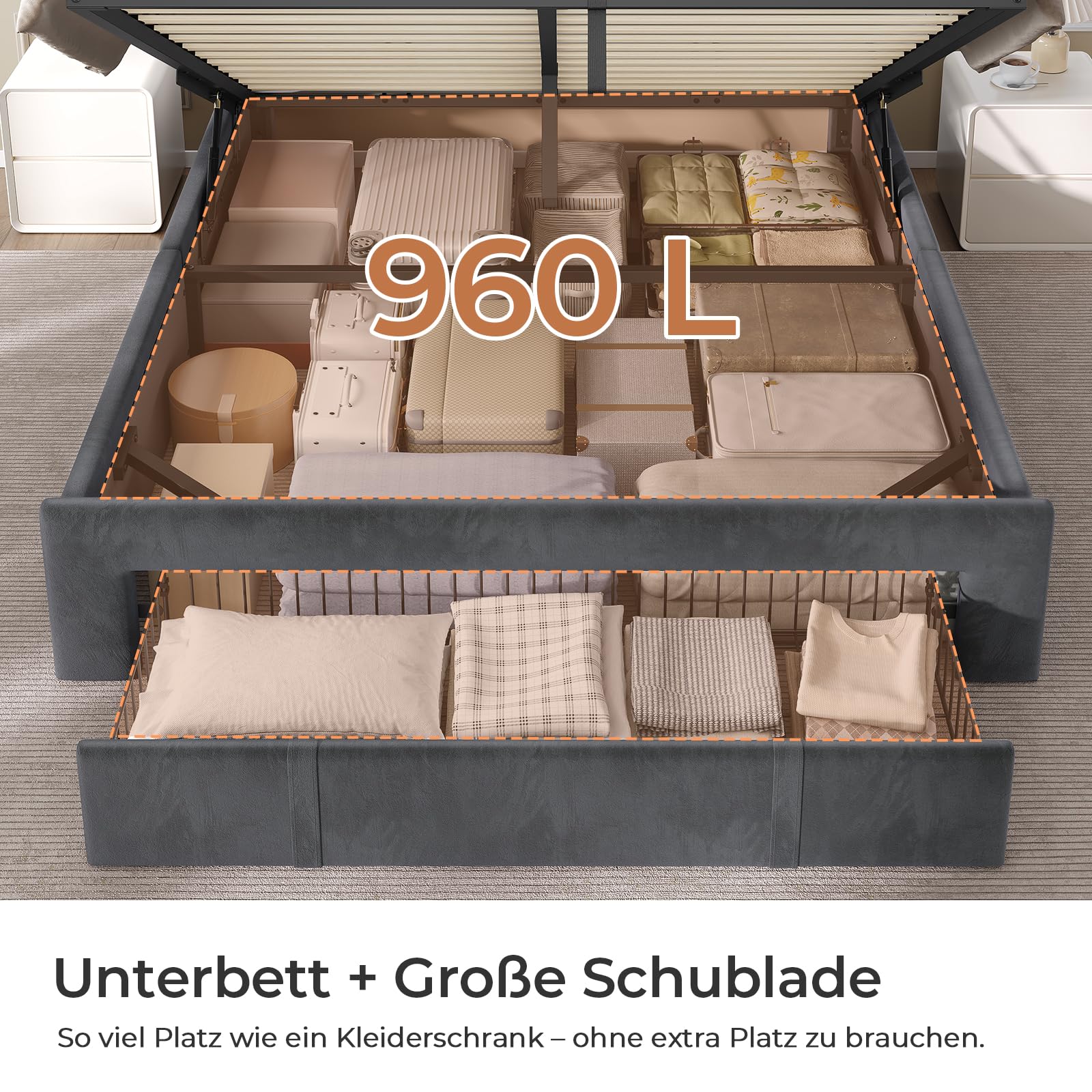 AGOLLATI Letto Matrimoniale con Contenitore 160x200 Letto Contenitore Matrimoniale Con LED Letto Contenitore Idraulico con Stazione Di Ricarica Struttura Letto Matrimoniale Con Testiera Regolabile