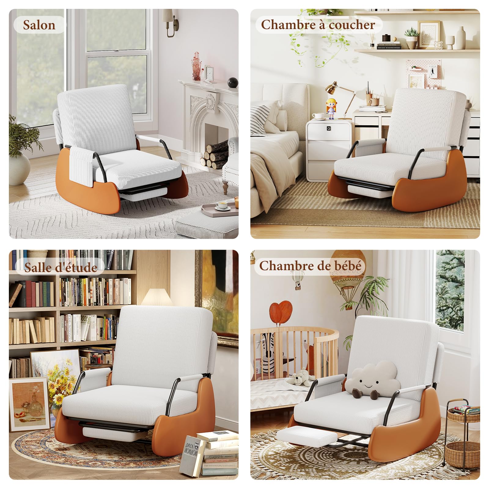 Fauteuil à Bascule avec Repose-Pieds, Fauteuil Allaitement avec Poches Latérales, Rocking Chair Inclinable Rembourré avec Dossier Réglable pour Salon et Chambre, Blanc